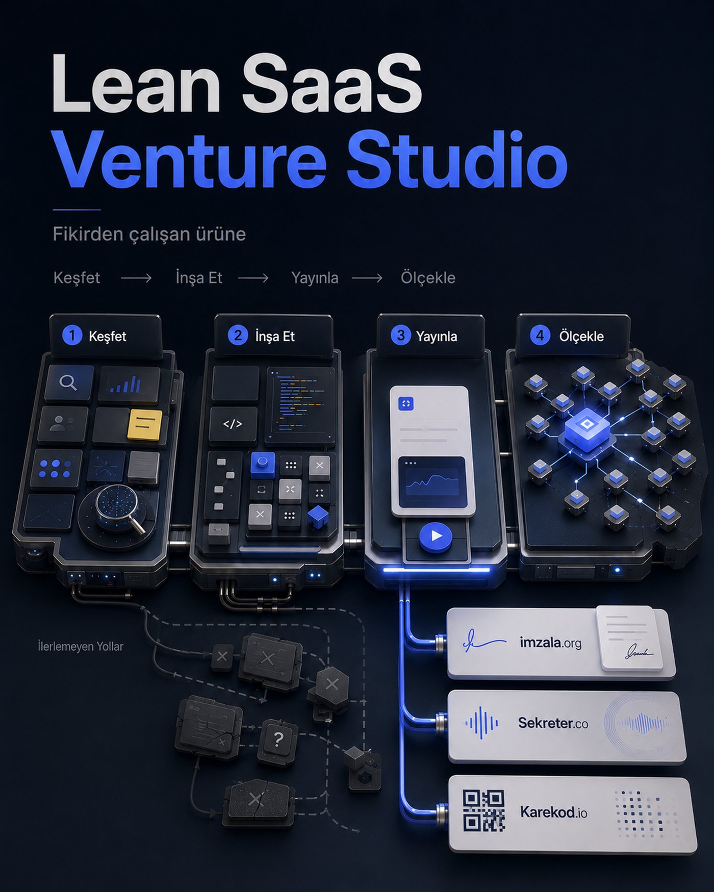 Lean SaaS venture studio hattı: Keşfet, İnşa Et, Yayınla ve Ölçekle aşamaları; ilerlemeyen yollar eleniyor, hattın sonunda imzala.org, Sekreter.co ve Karekod.io ürünleri çıkıyor